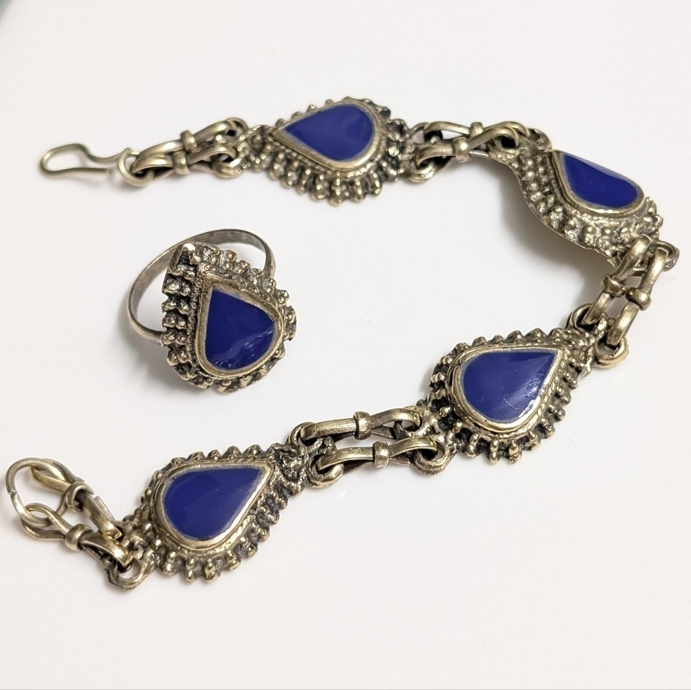 Vintage Boho Bracelet And Ring Set, Metal & Lapis Stones